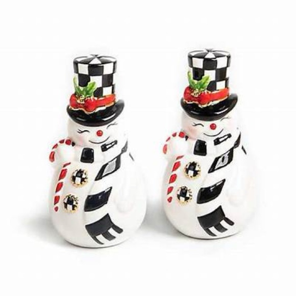 MacKenzie-Childs Black White Red Snowman Salt & Pepper Shakers Pair